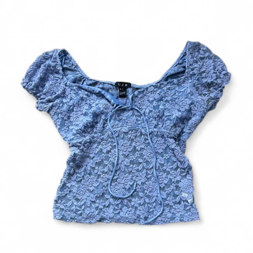 Dusty Blue Lace Top with Tie Front